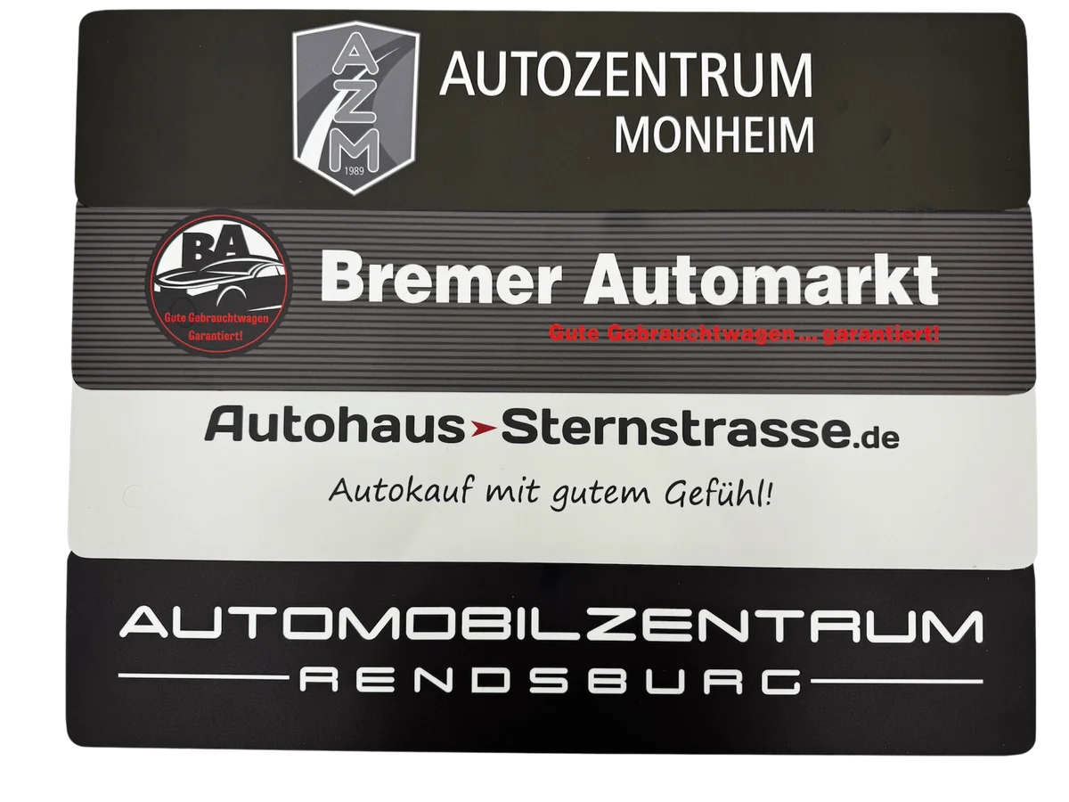 Miniletter mit Händlerlogos: Autozentrum Monheim, Bremer Automarkt, Autohaus Sternstrasse, Automobilzentrum Rendsburg